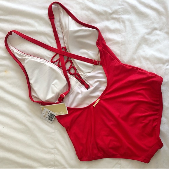 Michael Kors Lace-Up One Piece Bathing Swimsuit True Red Size 8 - Picture 3 of 5